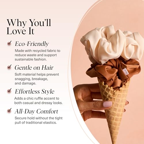 Image of Kitsch Recycled Satin Oversized Scrunchies - Large Hair Scrunchies for Women, Eco-Friendly Hair Ties & Ponytail Holders | Ideal Gifts for Women - Camel & Cream, 2pc Set