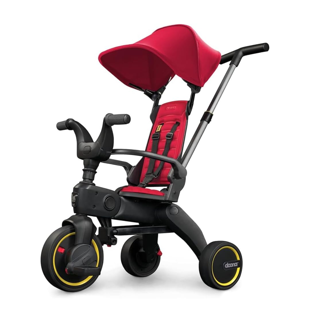 Doona Liki 4-in-1 Folding Trike S1 - Flame Red | Compact Folding Trike with Adjustable Parent Handle, Child Safety Harness, & UV Sun Protection - Ideal for On-the-Go Families
