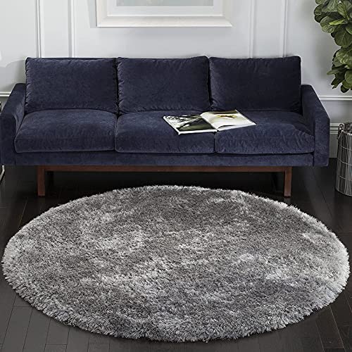 Image of Round Plain Fur Rugs Under Chair 4x4 Feet Microfiber 2 Inch Pile Height Modern Interior Mat Silver Color