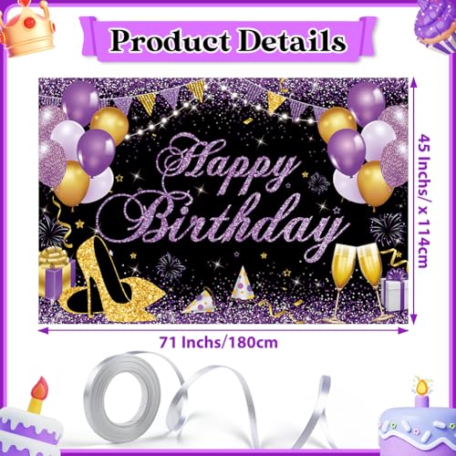 Image of Happy Birthday Banner - Birthday Decorations for Women Girls Purple Birthday Party Banners Welcome Happy Birthday Background Sign for Theme Party Decorations Indoor Outdoor