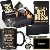 Shellwei 6 Pcs Best Boss Gift for Men Thank You Gifts for Boss Male Appreciation Mentor Mug Leather Notebook Inspirational Keychain Pen Card Box