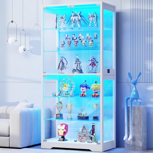 Image of BROTTAR 6-Tier 71 inch Display Cabinet with Glass Door, Curio Cabinet with 3 Color Lights for Collectibles, Display Case with Adjustable Glass Shelves, Human Body Sensor, Storage Cabinets, White