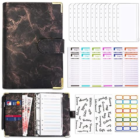TOPTIME Budget Binder Set, A6 Leather Money Binder with 12 Clear Cash Zipper Envelopes, 12 Budget Sheets, 2 x Category Stickers and 1 x Label, Money Organizer for Travel and Diary (Marble Black) Cover