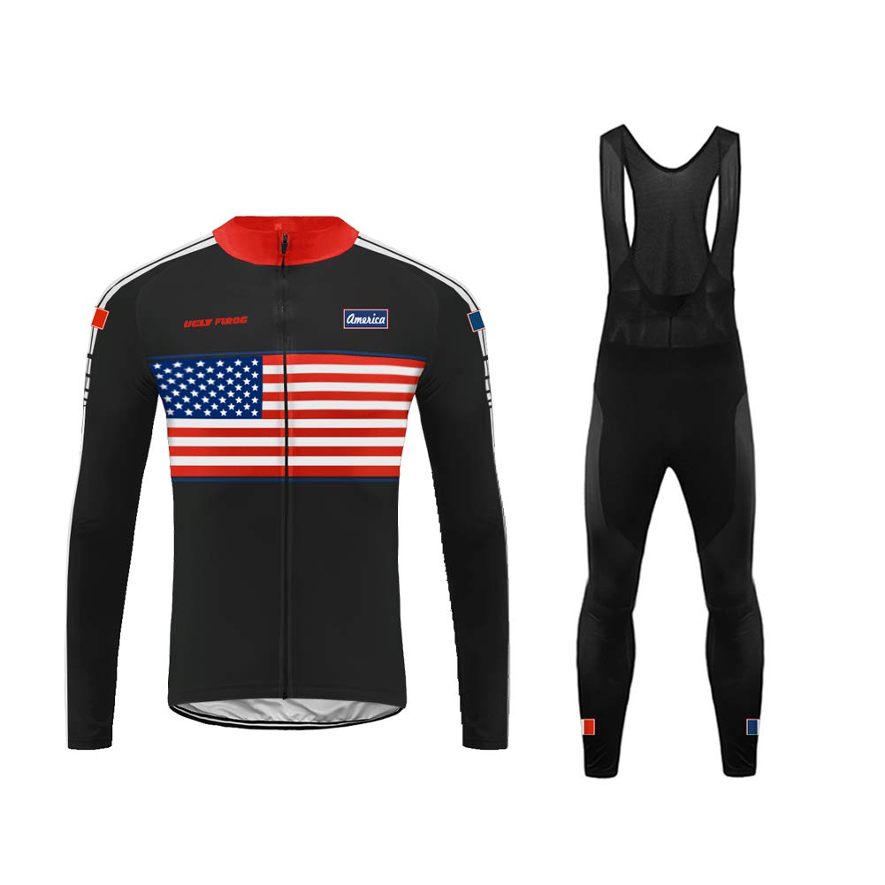 UGLY FROG Cycling Team Thermal Winter Fleece Jersey, Bib Tights, and Winter Cycling Set, Long Sleeve American Flag