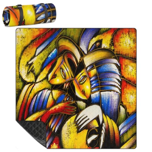 Shimoshe Extra Large Picnic Blankets 79”x 79”, Abstract Egyptian Woman Waterproof Foldable Picnic Mat with Straps Portable Beach Blanket for Camping Park Grass Beach Indoor