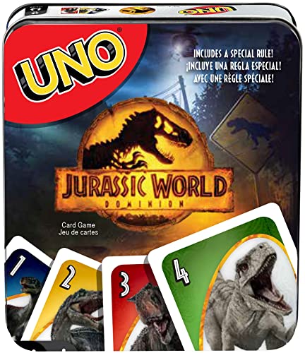 Mattel Games UNO Jurassic World Dominion Card Game, Movie-Inspired Deck with Dinosaur Graphics in Collectible Storage & Travel Tin for Kids, Fans, Adults & Family Nights