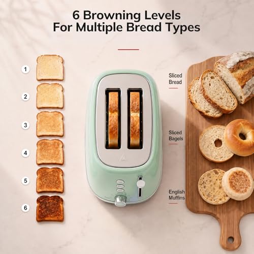 Image of 2 Slice Stainless Steel Toaster Retro with 6 Bread Shade Settings, Bagel, Cancel, Defrost Function, Extra Wide Slot, Removable Crumb Tray Green