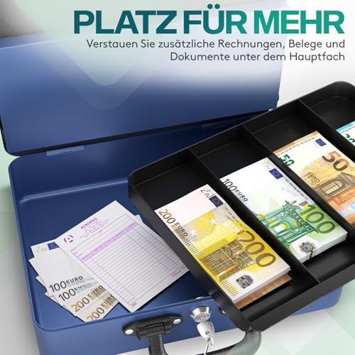 ACROPAQ Geldkassette abschließbar groß - (35,8 x 27,3 x 11 cm), Kasse mit Münzzählbrett, Premium Gehäuse, Mit 2 enthaltenen Schlüsseln, Blau - Geld Kassette zum Abschließen, Geldkasse, Kassa Box