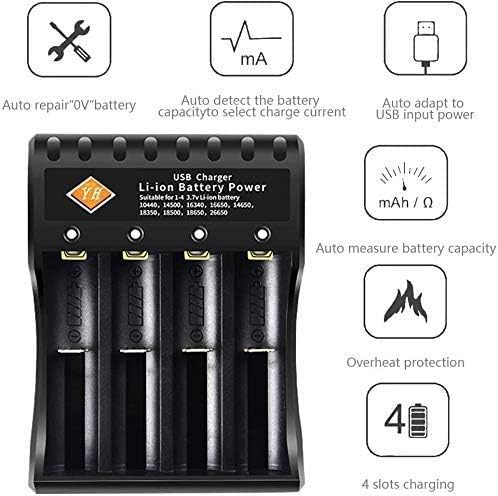 JJH Bright Flashlight Torches, 4 Slot Universal Charger, w/4 Rechargeable Top Button 3.7v Lithium Batteries, Smart Charger for Outdoor Camping, Cycling, Night Fishing