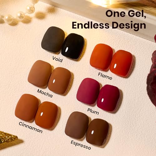 Image of Beetles Brown Gel Polish Set - Midnight Serenity HEMA-FREE Gel Polish Set, 6 Colors 15ML Full Size Mocha Brown Wine Plum Shades, Salon-Quality Long Lasting Soak Off UV LED Nail Gel with Swatch Card