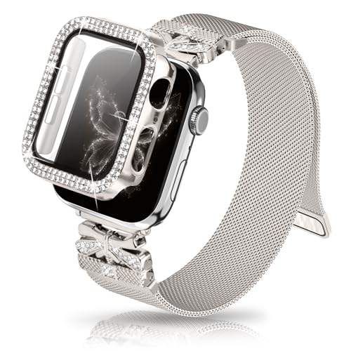 Magnetic Band for Women Compatible with Apple Watch Band 38mm 40mm 41mm 42mm 44mm 45mm 46mm Milanese Stainless Steel Loop with Bling Protective Case, Dressy Metal Strap Replacement iWatch Band