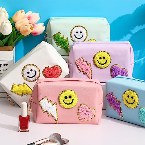 Silkfly 15 Pcs Preppy Patch Makeup Bag Bulk End of the Year Teacher Gifts Bulk Cosmetic Toiletry Bag Smile Lightning Heart PU Leather Portable Waterproof Makeup Cosmetic Purse for Women(Colorful)3