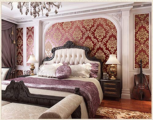 10X0.53M 3D 7 Colors Shiny Crystals European Gold Damask Flock Textured Non-Woven Wallpaper Roll for Bedroom Livingroom 1.73' W x 32.8' L=5.3㎡ (57sq.ft) (Burgundy) - Image 3