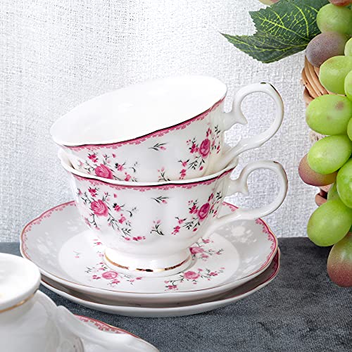 Fanquare Pink Rose Tea Cup And Saucer Set For 6, British Vintage Afternoon Cup Set, Porcelain Coffee Cup With Gold Border, 5 Oz #TOP3