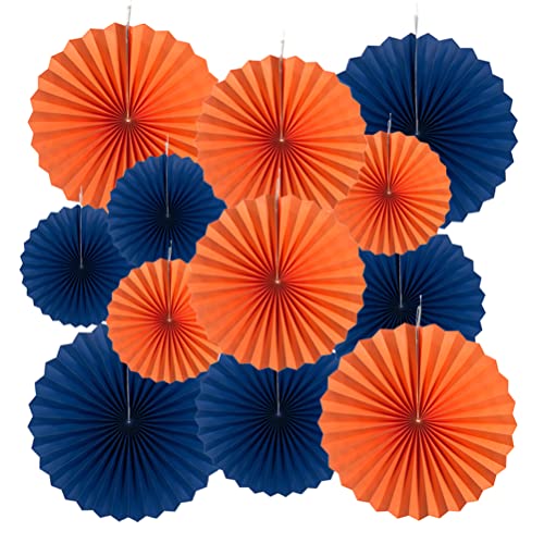 Image of MOWO Royal Blue and Orange Paper Fans Party Decoration, 12pc | birthday graduation wedding retirement baby shower new year valentines day party decoration
