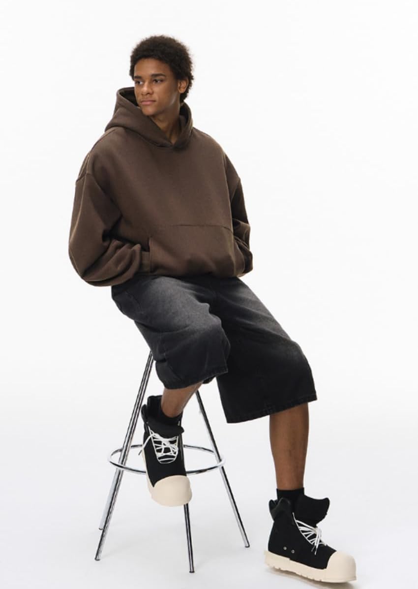 TOPG Mens Womens Oversized Cropped Hoodies Vintage Pullover Hooded Short Curved Baggy Sweatshirt for Streetwear Brown - Image 5