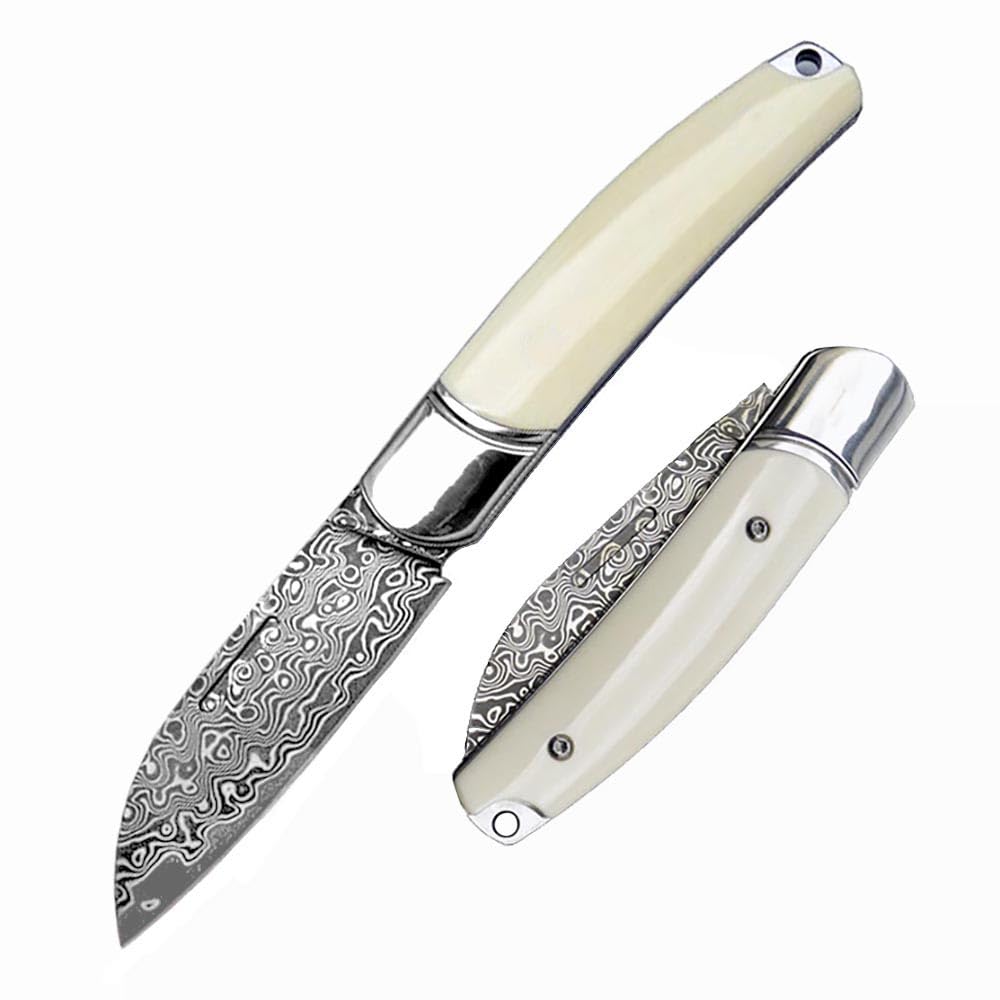 Klappmesser 6.8" Damast taschenmesser edelstahl damaststahl damaszener, klappbar edc taktisches messer scharfes tanto, Damaskus stahl messer Geschmiedet, Outdoor klein messer neck knife, Weiß Knochen