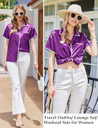 Image of Ekouaer Womens Silk Pajama Sets 2 Piece Satin Pj Set Button Down Shirt and Shorts Lounge Sets Classic with Pockets
