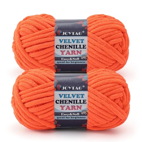 Image of 2 Pack Chunky Chenille Yarn for Crocheting and Knitting Beginners,Thick Bulky Plush Fluffy Velvet Soft Baby Blanket Crochet Chenille Yarn for Crocheting Blankets /Amigurumi /DIY Crafts(Orange