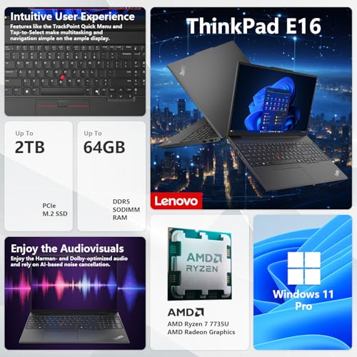 Image of Lenovo ThinkPad E16 Gen 2 Business Laptop, 16 inch FHD+, AMD Ryzen 7 7735U, 16GB DDR5 RAM, 1TB SSD, Fingerprint, Backlit Keyboard, HDMI, Wi-Fi 6, Windows 11 Pro, Black, w /Bundle