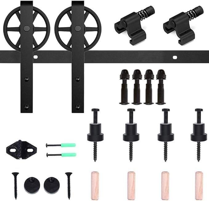 Kit Herrajes Puerta Corredera Granero Big Wheel 5-12 Pies – Guía Piso Ajustable – CCJH Negro