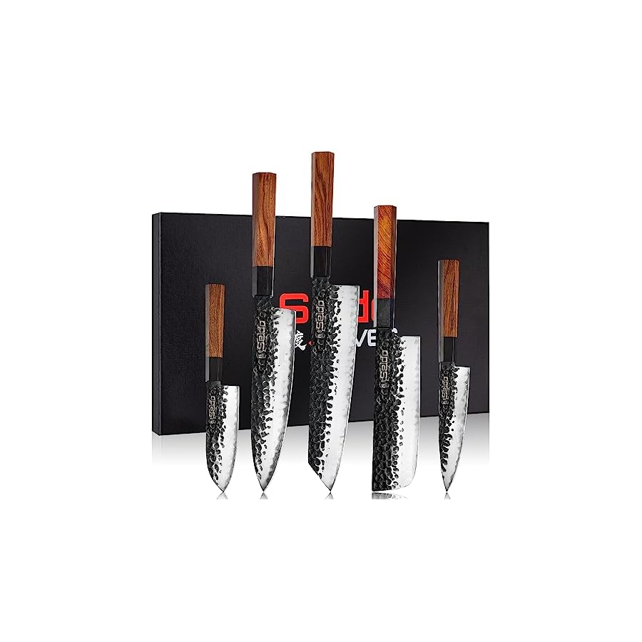 Seido Knives Hageshi AUS10 Knife Set - 5-Piece with Carbon Magnetic Covers, Ergonomic Ebony Wood Handle, Full Tang