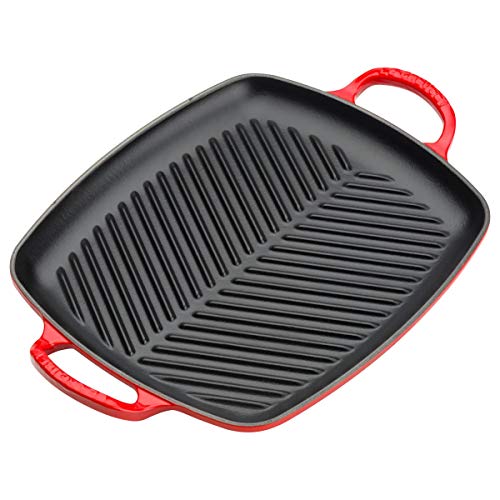 Le Creuset Signature Flache rechteckige Grillplatte aus Gusseisen mit Hilfsgriff, für alle Herdarten und Backöfen, 30 cm, Kirschrot, 20201300600422