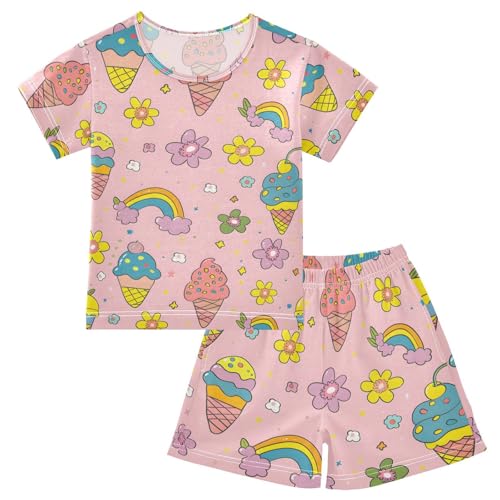 ALAZA Rainbow Ice Cream Flower Floral Pajamas Short Sleeve 2 Piece Sleepwear Top and Bottom Pajama Set Unisex