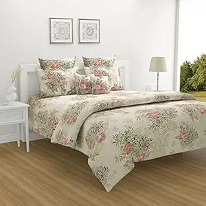 Swayam Zinnia Collection 240 TC Cotton Double Fitted Bedsheet (78 x 72 Inches) with 2 Pillow Covers for Double Bed - Beige Pink