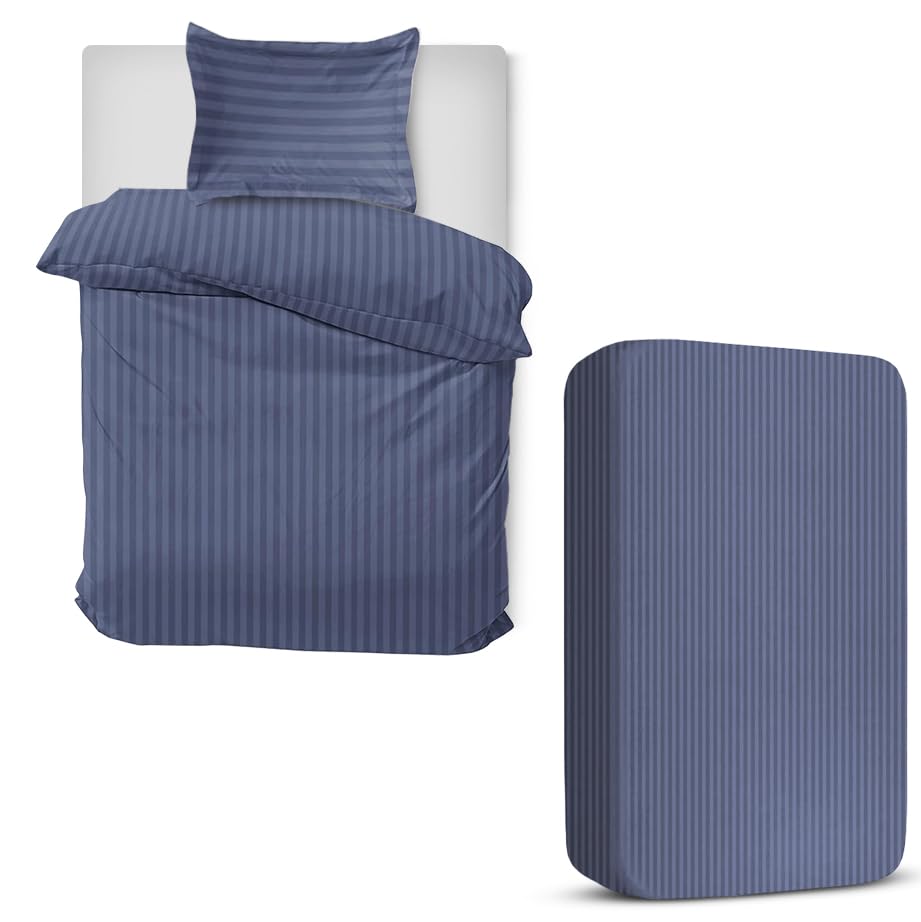 MOONLIGHT20015 3 Piece Single Bedding Set Satin Stripes Duvet Cover Fitted Sheet with Pillow case Hotel Quality Soft Brushed Microfiber Washed Blue โ image 1