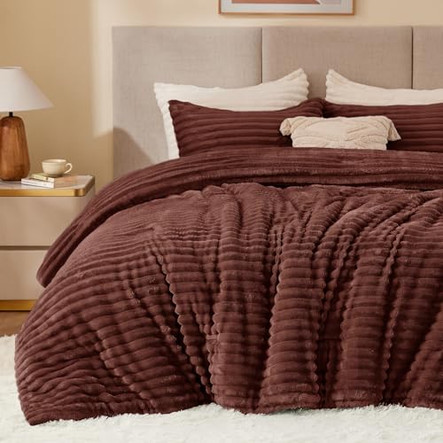 Image of BEDELITE Fleece King Comforter Set -Super Soft & Warm Fluffy Hot Chotolate Bedding, Luxury Fuzzy Heavy Bed Set for All Season with 2 Pillow Cases
