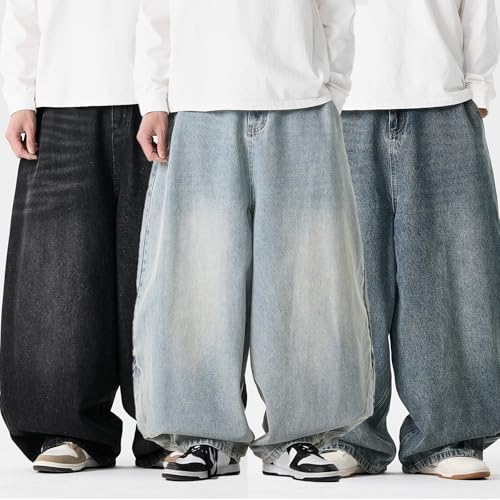 GURUNVANI Mens Wide Leg Denim Pants Loose Fit Hip Hop Jeans Streetwear3