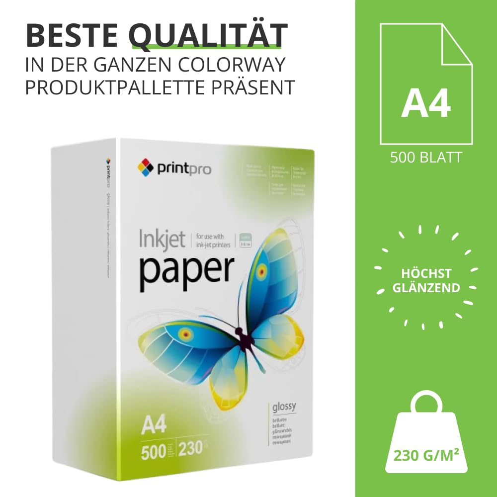 Papier fotograficzny PrintPro firmy COLORWAY o wysokim połysku, format A4, gramatura 230 g/m², 500 arkuszy, szybkoschnący, wodoodporny, do wszystkich drukarek atramentowych