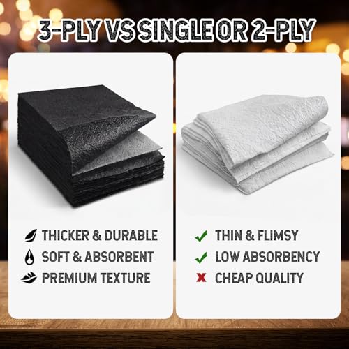 Image of Henoyso 600 Pack 3 Ply 9.8 x 9.8 Inch Black Cocktail Napkins Bulk