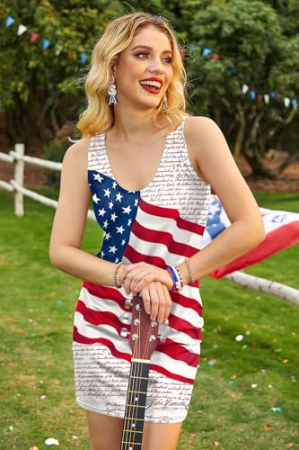 Image of For G and PL Women 4th of July American Flag Tank Dress Deep V Neck Stars Stripe Mini Patriotic Sleeveless Sundress