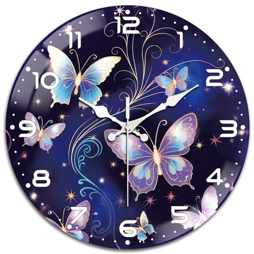 peacoblue Orologio da parete a batteria con farfalla, 30 cm, in vetro, senza ticchettio, per cucina, soggiorno, sala da pranzo, camera da letto e bagno, accessori decorativi (batteria non inclusa)