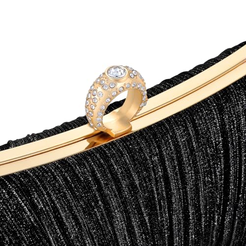 Image of Womens Golden Glitter Clutch Purse Pleated Evening Bag for Bridal Wedding Party with Rhinestone Ring