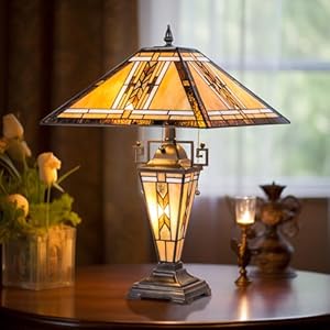 Tiffany Table Lamps with Nightlight,16″ Wide Handmade Stained Glass Desk Lamp for Reading,3-Lights Mission Style Antique Nightstand Light for Living Room Bedroom Office