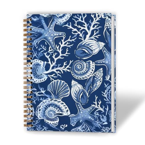 Carnet de notes à spirale bleu marine à motif coquillages et étoile de mer de format A5