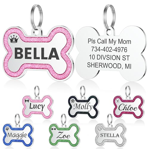 YEHANTI Dog Tags Personalized for Pets - Durable Stainless Steel Pet ID Tags with Lovely Icons, Glitter Bone Custom Dog Tags for Large Small Dogs Cats, Dog Name Tags Engraved On Both Sides（S,MixColor）