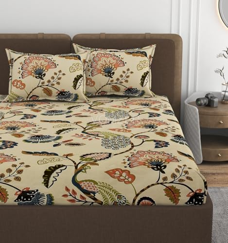 Image of VOMZER 300 TC Cotton Feel Glace Cotton All Around Elastic Fitted Printed Queen Size Double Bed Bedsheet with 2 Pillow Cover(60 inchx78 inch, Beige Anokhi)