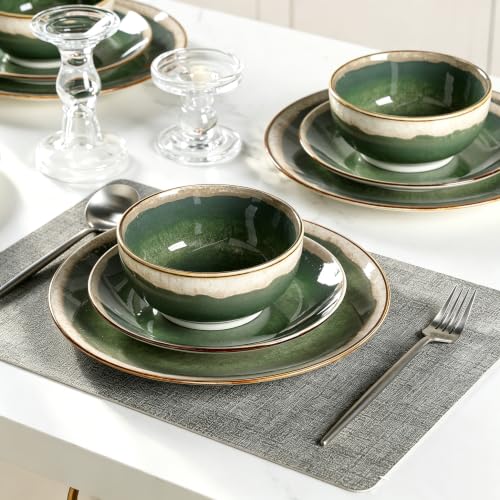 Image of Sweejar 12 Pieces Ceramic Dinnerware Sets for 4, Moss Green | Gradient Glaze Plates and Bowls Set, Microwave & Dishwasher Safe, Stackable Dish Set, Scratch Resistant Dishware Sets