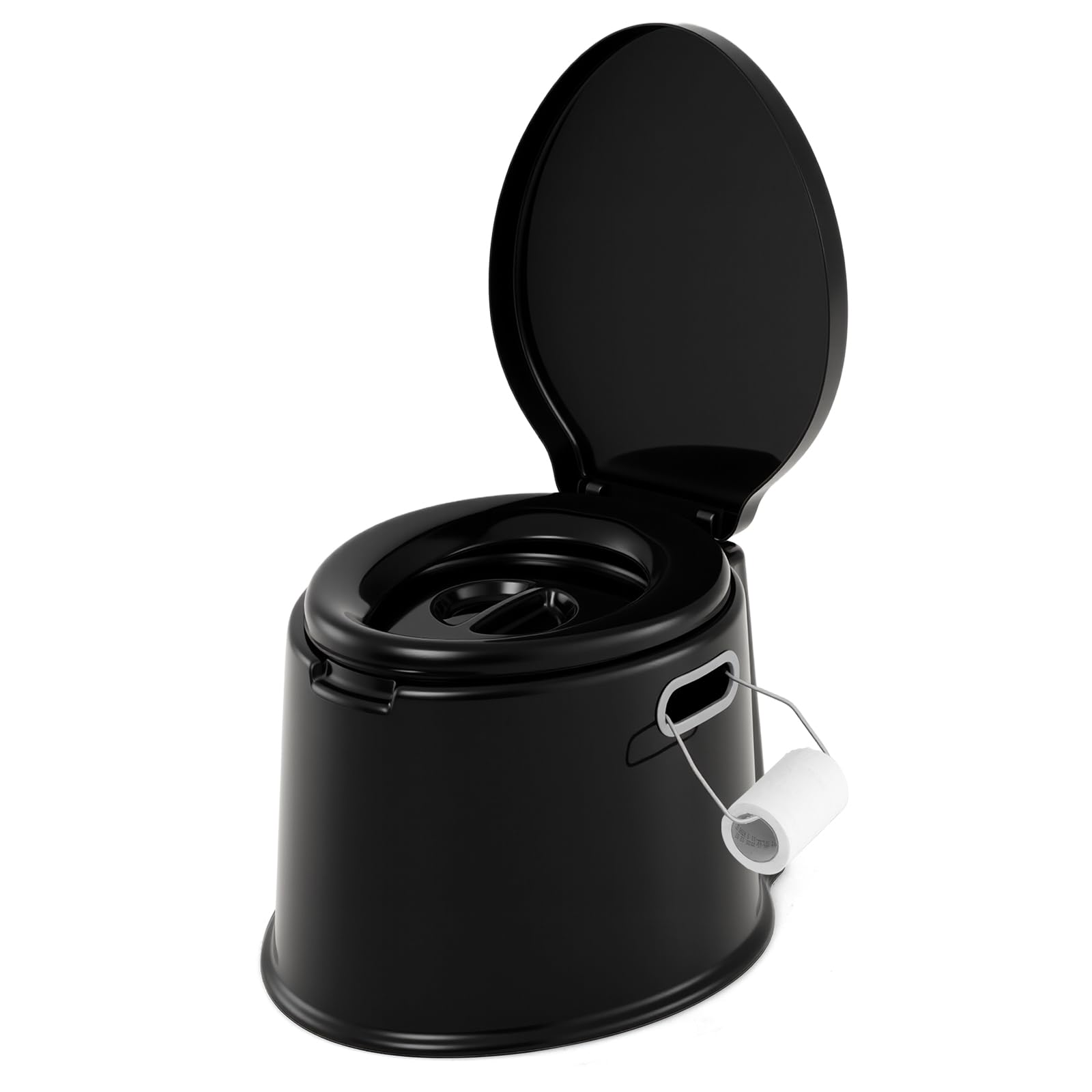 COSTWAY 5L Portable Travel Toilet with Seat, Handle, Lid and Roll Holder, Outdoor Indoor Lightweight Compact Toilet for Hiking, Fishing, Camping Festivals Use, Hold Up to 200kg (Black)