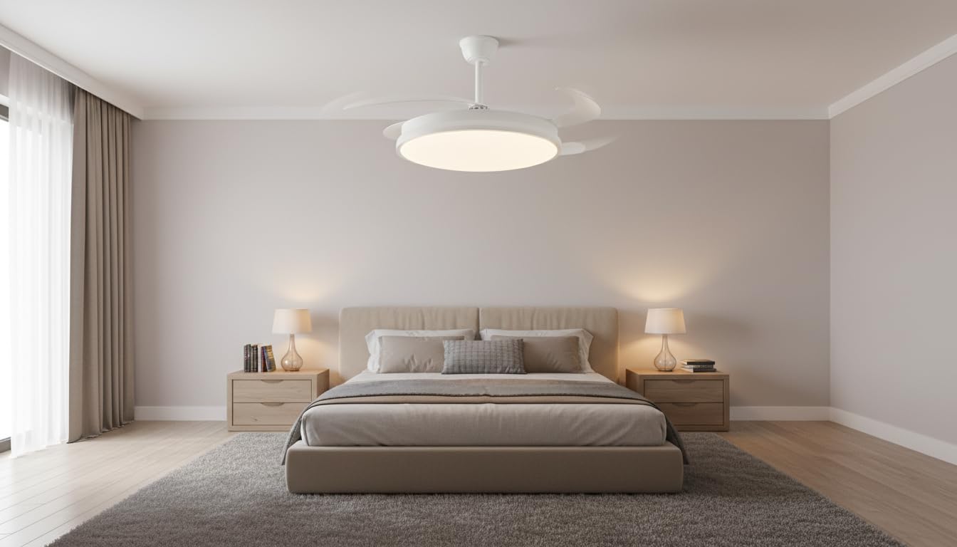 Ventilador de Techo LED, Blanco, con Mando a Distancia y Temporizador – 3 Aspas Transparentes, Motor DC, 6 Velocidades, 4900 lm, 3 Tonos de Luz (3500K/4000K/6500K), Ø107 cm, MD1401