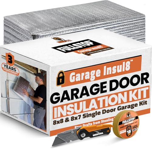 BEEST FULLSTOP Garage Door Insulation Kit - 8 Pre-Cut 24x48 Foam-Core Panels w/ Tape, Cutter & Squeegee - Easy DIY 8x7 & 8x8 ft Single Garage Door Insulation Panels - for Instant Temperature Relief