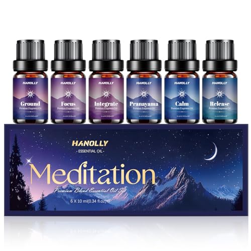 Meditation Essential Oils Set - Top6 Fragrance Oil Aromatherapy Essential Oils Kit for Diffuser, Waterless Diffuser, Candle Making - Ground, Calm, Pranayama, Focus, Release, Integrate Scents