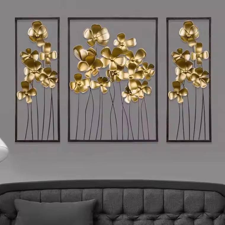 Image of ZOVE Creative Wall Decoration - Set of 3 Metal Lilac Gold Flower Wall Hanging | luxury Metal Wall Sculpture for Entrance, Bedroom, Corridor (Gold, 57 X 32 Inch)