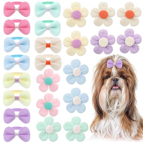 LLOUSSAK 24Pcs Cute Flower Dog Hair Bows with Rubber Bands, Dog Bows Small Size Puppy Pet Hair Flower Accessories for Puppies(Multicolor)
