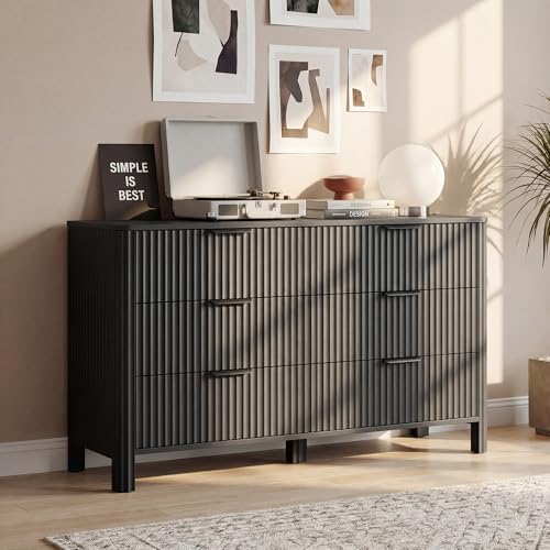 Image of Wodeer 6 Drawer Black Dresser for Bedroom, 47 inchW Wood Storage Cabinet with Fluted Design, Modern Chest of Drawers & TV Stand for Living Room, Nursery Clothing Organizer with Metal Slides, Anti-Tipping