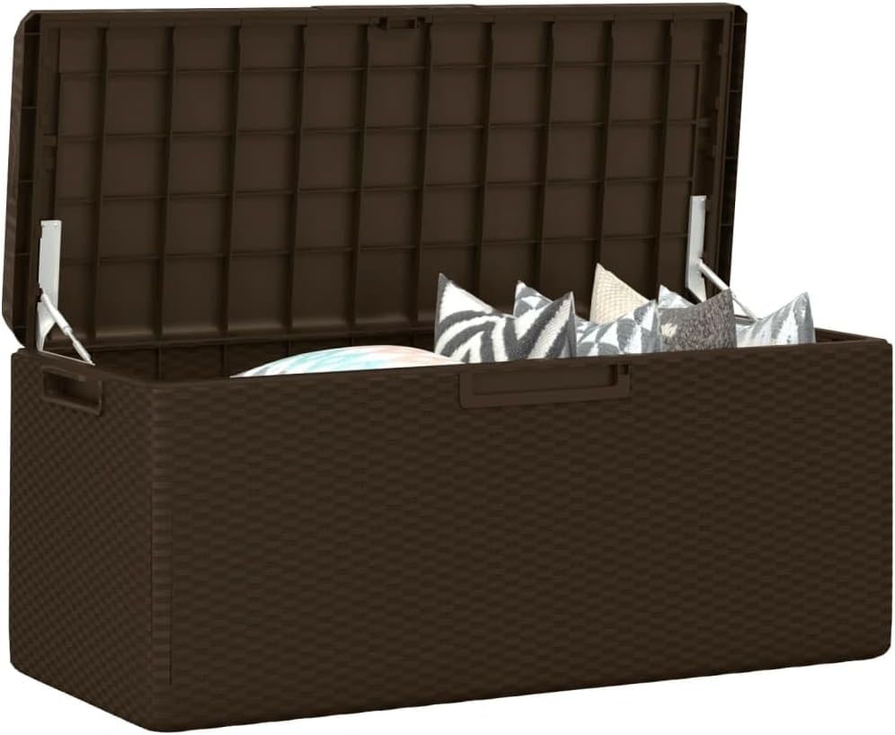 Patio Storage Box with Seat Cushion Brown 92.5 gal PP, Patio Storage Boxes